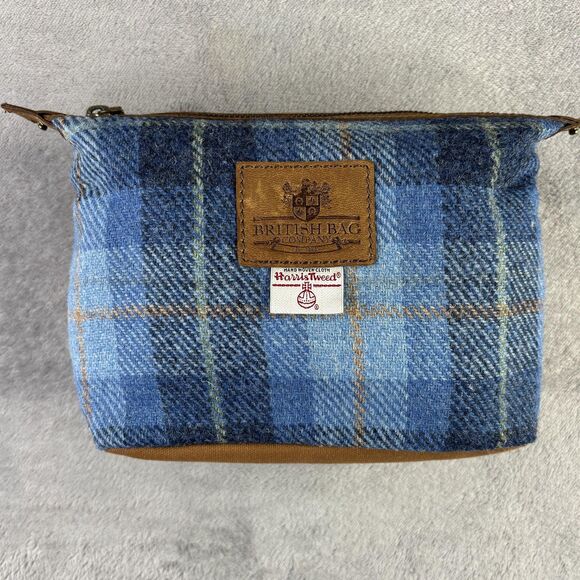 British Bag Company Harris Tweed Wash Bag Dopp Kit Travel Blue Plaid Leather 8x6 - Picture 1 of 15